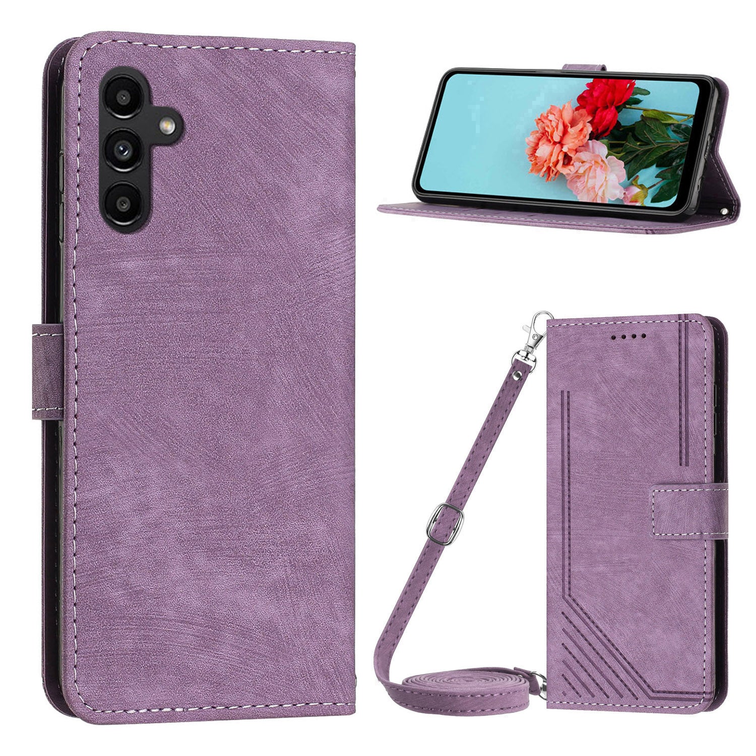 Leather Case for Samsung Galaxy S23 FE Lines Imprinted Stand Wallet Phone Cover with Shoulder Strap Leather Case for Samsung Galaxy S23 FE Lines Imprinted Stand Wallet Phone Cover with Shoulder Strap